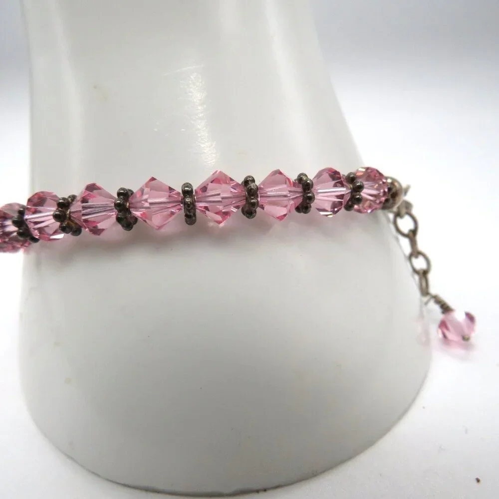 Vintage Pink Crystal Bead Bracelet Metal Spacer Beads‎ Extender